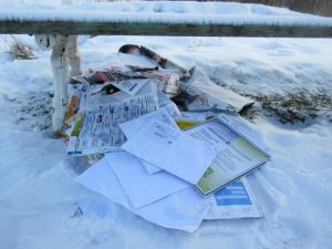 Det här fyndet gjorde Gun Kanerva under en hundpromenad i februari. Posten visade sig vara stulen från en postkärra. Stulen post som Gun Kanerva hittade i Tölö i februari 2016