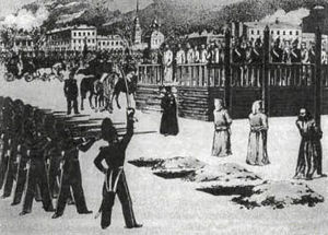 Illustration av skenavrättningen av Petrasjevskijgruppen 1849 Skenavrättning i Ryssland 1849