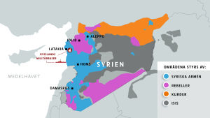 Källa: liveuamap.com Kartan visar vilka områden i Syrien som styrs av vilka grupper.