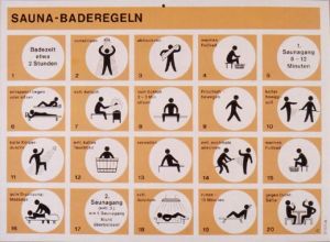 Ordningsregler i en tysk bastu. Bild på plakat med ordningsregler i en tysk bastu.
