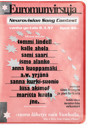 Varjoviisujen mainosjuliste oli vahvasti Eurooppa-henkinen Neuromunvirsuja-tapahtuman (varjoeuroviisut 1997) juliste