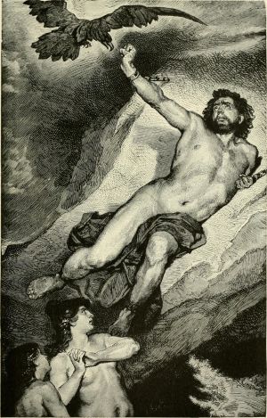 Den grekiska guden Prometheus porträtterad i slutet av 1800-talet. Den grekiska guden Prometheus fjättrad vid ett berg.