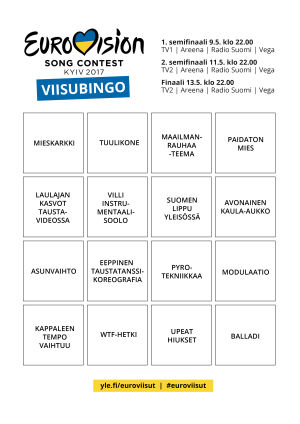 Tyhjä ruudukko ja alla listaus euroviisukliseitä, kuten avonainen kaula-aukko, tuulikone, modulaatio.