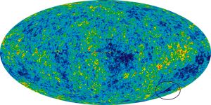 En karta över den kosmiska bakgrundsstrålningen. Den s.k. kalla fläcken är inringad. En karta över den kosmiska bakgrundsstrålningen.