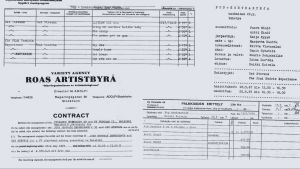 Kuvassa Pop-kontrasteja-ohjelman nauhoitusaikataulu, biisilista, palkkioerittelyt (artistikulut yhteensä n. 4000 markkaa) ja ote sopimuksesta, jossa esiintyjille luvataan 450 punnan palkkio. Sopimus ja tuotantopapereita Jimi Hendrixin ja Cat Stevensin tv-esiintymisestä.