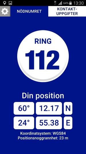 112 Suomi applikationen visar dina koordinater Skärmdump på 112 applikationens platsinformation