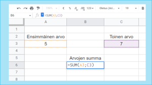 SUMMA-funktiolle määritellään laskettava alue. Excel kuva 5 - summan laskeminen 2