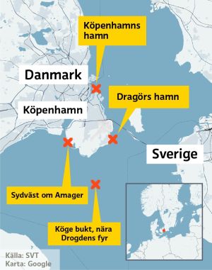 Karta över platserna där ubåten UC3 Nautilus åkt och där man sökt efter journalisten Kim Wall.