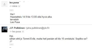 J.P. Pulkkisen sähköposti Leo Pusalle