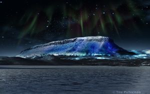Saanafjället upplyst i Finlands färger i början av december 2017. Saana lyses upp