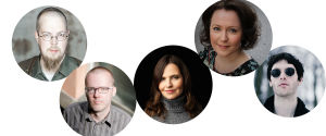 Kirjailijoiden kuvia: Tuomas Kyrö, Jaakko Yli-Juoikas, Maria Peura, Jenni Haukio ja Miki liukkonen