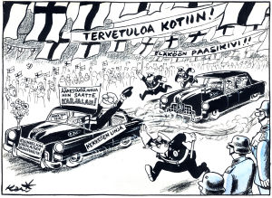 Kari Suomalaisen pilapiirros Urho Kekkosen vaalit 1956 kampanjoinnista.