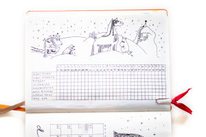 Carolines habit tracker. Ett häfte med ett rutsystem. Ovanför rutorna en teckning av Mumintrollen i vinterlandskap. Bredvid rutorna står det: inget socker, ingen shopping, bloggat, instagram, fotograferat, sovit 8 timmar, tvättat håret, läsa bok.