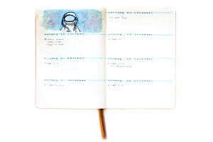 Ett veckouppslag i Carolines bujo. Ett uppslag i ett häfte, med sju rutor - en ruta för varje veckodag. Högst upp på sidan har Caroline ritat en astronaut i rymden.