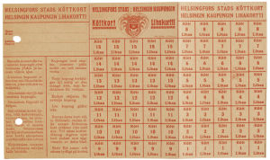 Ett köttransoneringskort från år 1917-1918. Ransoneringskort för kött från år 1917-1918 i Helsingfors.