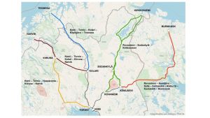 Alternativa rutter för den planerade Ishavsbanan. Karta över Ishavsbanans alternativa rutter i Sápmi.
