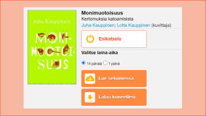 E-kirjoja voi varata samalla tavalla kuin perinteisiä kirjoja. Kuvassa näytetään mistä pääsee varmaan e-kirjan Helmet-kirjastossa