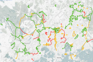 Grönt är skönt. På ulkoliikunta.fi hittar du information om skidspårens skick just nu. Skärmklipp från sajten ulkoliikunta.fi