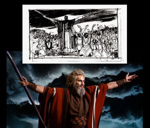 Charlton Heston on Mooses elokuvassa Kymmenen käskyä. Yläpuolella Harold Michelsonin luonnos Mooses (Charlton Heston) elokuvassa Kymmenen käskyä, samassa kuvassa Harold Michelsonin luonnos kohtauksesta