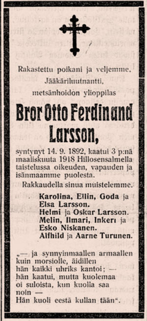 Bror Otto Ferdinand Larssonin kuolinilmoitus Savotar-lehdessä 10. maaliskuuta. Kuolinilmoitus Savotar-lehdessä.