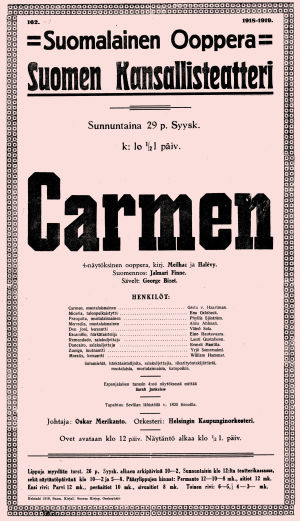 Bizet'n Carmen-oopperan juliste 29.9.1918.