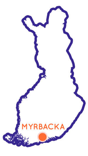 Genom att klicka på kartan kommer du till en karta, där du kan se alla Egenland-resmål. Finlands karta som visar Myrbackas position.