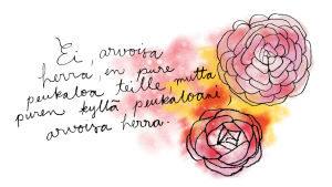 Kuvassa lukee "Ei, arvoisa herra, en pure peukaloa teille, mutta puren kyllä peukaloani, arvoisa herra."