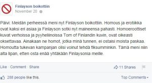 Finlayson boikottiin -ryhmä vastustaa Tom of Finland -malliston eroottisuutta. // Kuva: Kuvakaappaus, Facebook