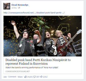 Artikkelia on jaettu Dead Kennedysin seinältä lähes 3000 kertaa. // Kuva: Facebook.com/deadkennedys / kuvakaappaus