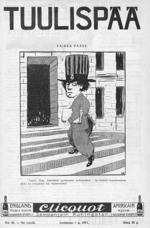En karikatyr av Alma Söderhjelm i skämttidningen Tuulispää från år 1911. Skämtteckning med Alma Söderhjelm i tidskriften Tuulispää december 1911.