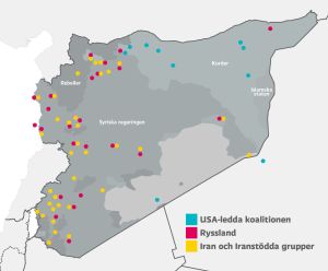 Områden i Syrien och vilka länder och styrkor som verkar där. Källa: New York Times. Karta på Syrien som visar vart olika truppar är belägna