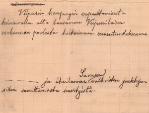 Helsingin yliopiston Wiipurilaisen osakunnan inspehtorin Grotenfeltin luonnos sähkösanomaksi 9.5.1918 Kuvitusta