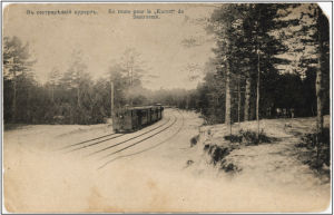 Siestarjoen radan höyryraitiovaunujuna vuonna 1911 postitetussa postikortissa.