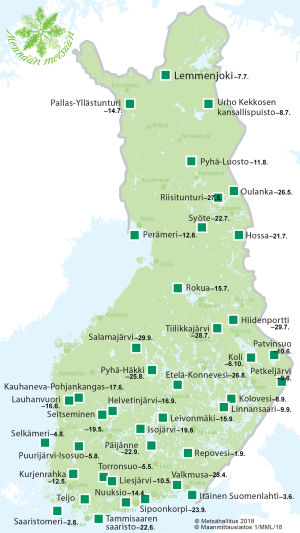 Suomen kartta jossa kansallispuistojen sijainnit.