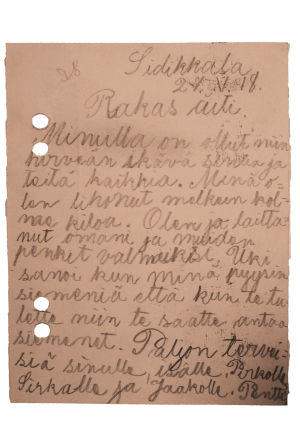 11-vuotiaan Pentti Solan kortti kotiin toukokuussa 1918.