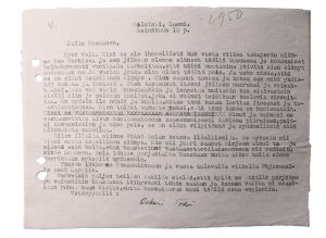 Oskari Tokoi kertoo kirjeessä amerikkalaiselle toimittaja Jallu Honkoselle olleensa illallisella Wäinö Solan luona. Oskari Tokoin kirje heinäkuun 12. päivä, ilmeisesti 1949.