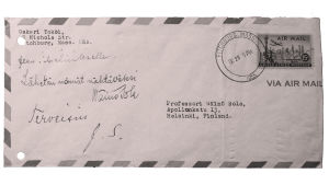 Oskari Tokoin Wäinö Solalle osoittama kirje vuodelta 1955. Oskari Tokoin Wäinö Solalle osoittama kirjekuori vuodelta 1955.