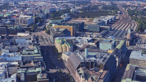 Flygbild på Mannerheimvägen, från Skillnadens håll mot riksdagshuset.