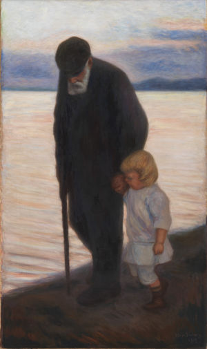 Mot kväll (1913) av Hugo Simberg, föreställer Hugos far Niclas Simberg på kvällspromenad med sin sonson Tom. Hugo Simbergs tavla Mot kväll, föreställer en äldre man och ett litet barn i kvällsskymningen går bredvid varandra på stranden.