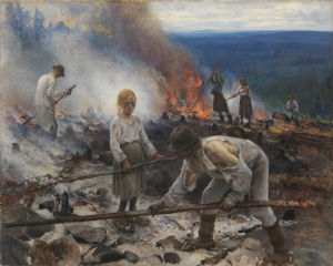 Trälar under penningen (1893) av Eero Järnefelt är en av de tavlor man via Google Arts & Culture kan se i gigapixelformat. Bild på Eero Järnefelts tavla Trälar under penningen där vi ser en grupp människor hålla på med svedjebränning.
