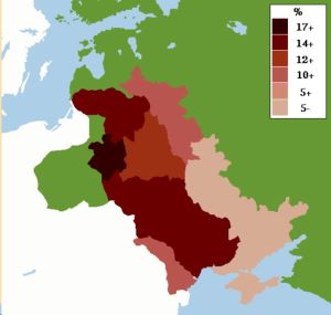 En karta som visar den procentuella andelen av judar bosatta i olika delar av Ryssland år 1905 ca. En karta som visar antalet judar i % bosatta i Ryssland ca år 1905.