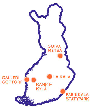 Genom att klicka på kartan kommer du till en Google Maps-karta, där du kan se alla Egenland-resmål. Finlands karta med fem sevärda resmål utmärkta på kartan.