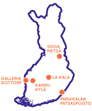 Suomen kartta josta näkyy Egenland-konseptin mukaan viisi omalaatuisinta matkakohdetta Suomessa.