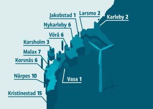 Vindkraftprojekten i Österbotten 2013-2018. Grafik av vindkraftsläget i Österbotten.