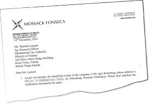 Brittiläisten Neitsytsaarien verottaja kysyi Mossack Fonsecalta tietoja Igor Rotenbergin yhtiöstä. Revinnäinen Mossack Fonsecan asiakirjasta