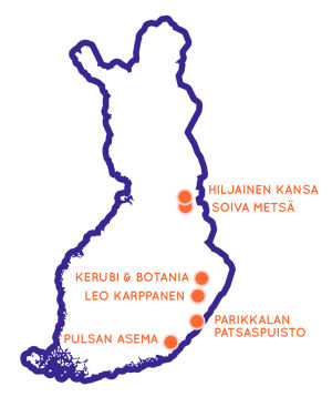 Karttaa klikkaamalla pääset Google Maps -karttaan, jossa ovat kaikki Egenland-kohteet. Karta som pekar ut sju sevärda resmål i östra Finland.