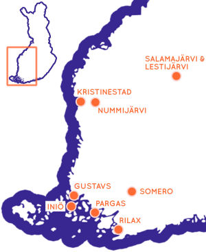 Genom att klicka på kartan kommer du till en Google Maps-karta, där du kan se alla Egenland-resmål. Karta över västra Finland, med några sevärda resmål utprickade.