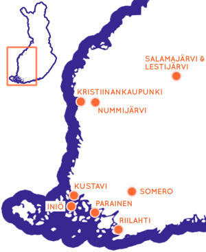 Karttaa klikkaamalla pääset Google Maps -karttaan, jossa ovat kaikki Egenland-kohteet. Karta över västra Finland, med sevärda resmål utprickade.