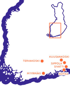 Karttaa klikkaamalla pääset Google Maps -karttaan, jossa ovat kaikki Egenland-kohteet. Karta över södra Finland med sex orter utprickade.