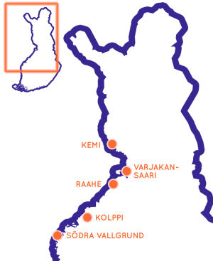 Karttaa klikkaamalla pääset Google Maps -karttaan, jossa ovat kaikki Egenland-kohteet. Karta över Finland med fem orter i norra Finland markerade.